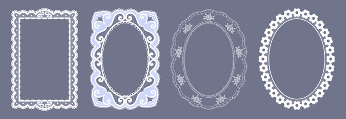 Set of ornate lace frames and doilies with swirls and floral details. White crochet border templates for wedding and anniversary design. Vintage elegant embroidery vector graphic