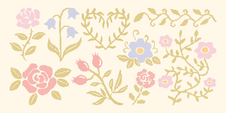 Cross stitch embroidery floral elements in soft spring colors. Pixel lace rose, bell flower, rosehip and leaves. Vintage cottagecore needlecraft design. Vector illustrations
