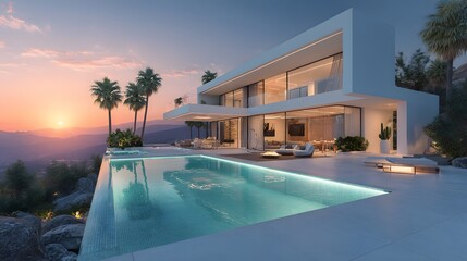 Modern luxury villa with a glowing infinity pool and minimalist white design, surrounded by lush tropical palm trees under a golden sunset.