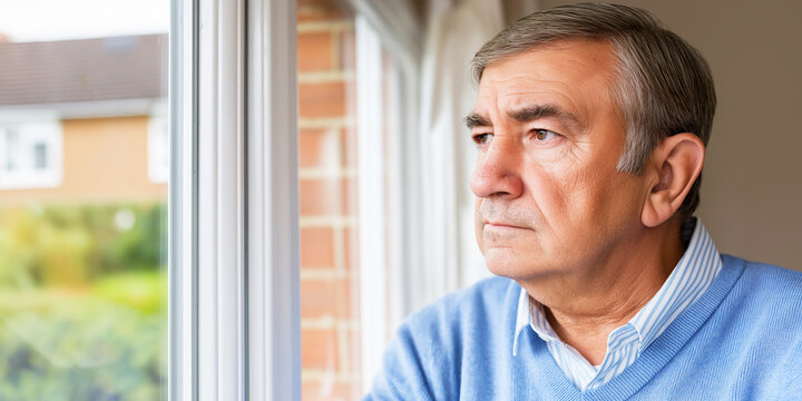 Introspective elderly gentleman gazing out a window in his home, reminiscing on past experiences and experiencing moments of contemplation and quiet solitude