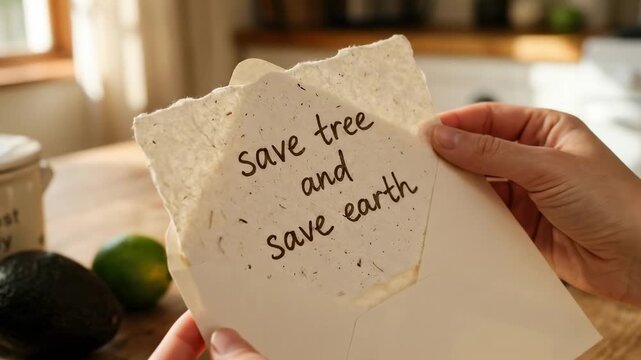 Hands hold a handmade seed paper card inscribed 'save tree and save earth' over a sunlit kitchen counter with compost caddy, avocados and jars, evoking eco-conscious gardening and sustainability