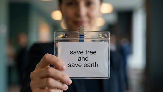Composed woman at a conference offers a clear badge to the camera, displaying the handwritten slogan savetree and save earth; blurred delegates and a modern hall create a very professional scene