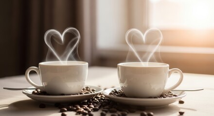 Fototapeta premium Two white coffee cups on saucers with heart shaped steam