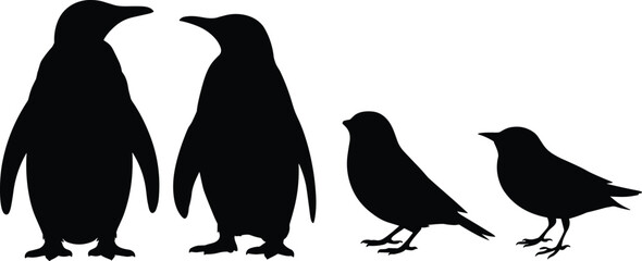 Black penguin and crow silhouettes set isolated on white background featuring arctic seabird and perching bird wildlife design concept © Vector Sifat