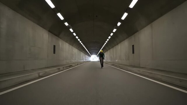 Dynamic footage of cyclists navigating a brightly lit, long tunnel, emphasizing movement and infrastructure. The smooth road surface and consistent lighting create a sense of progress.