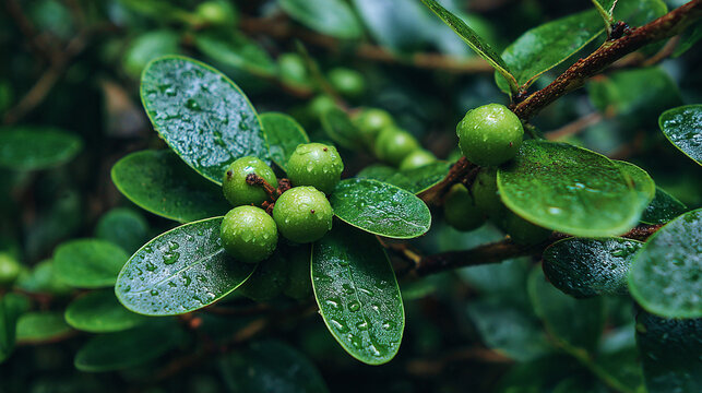 close up of griffonia simplicifolia plant with vibrant green leaves and small seeds tropical rainforest medicinal herb mental health focus