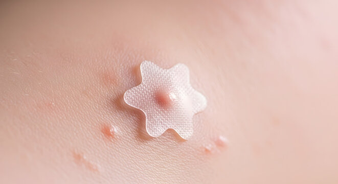 Close up of star shaped hydrocolloid pimple patch on skin with acne