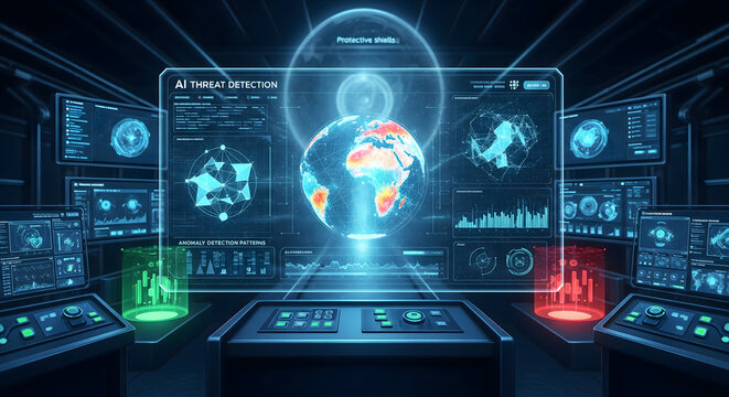 Global cyber threat detection system with AI interface showing earth, anomaly patterns, and data streams, for cybersecurity and network security concepts.