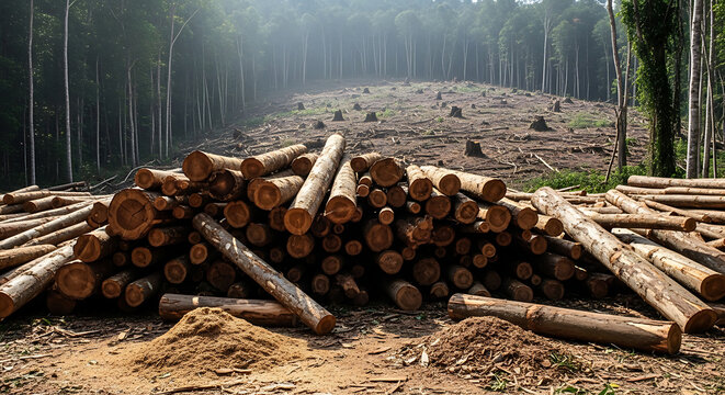 Pile of cut tree trunks in a forest clearing after logging operation