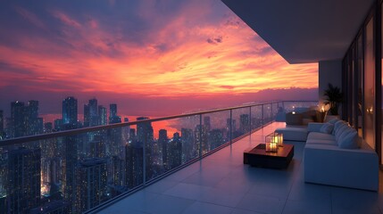 Fototapeta premium Breathtaking view from an ultra-luxury penthouse balcony with sleek glass railings, overlooking a glowing futuristic cyberpunk city skyline.