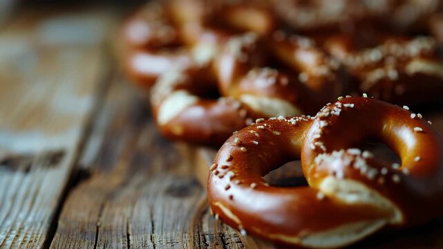 A row of pretzels are on a wooden table. They are brown and have sesame seeds on them