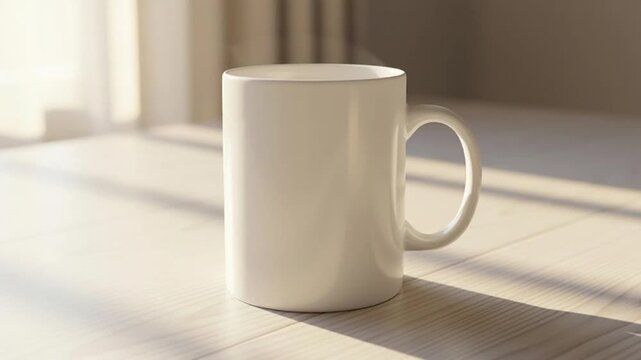 White coffee mug on a table.