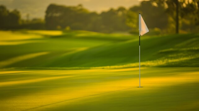 Beautiful Golf Course Green with Flagstick at Sunset, Luxury Sports Landscape and Outdoor Recreation Concept