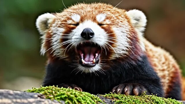 Close up of a red panda yawning widely on a mossy log.