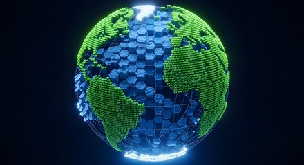 Fototapeta premium A glowing blue and green hexagonal globe representing Earth against a dark background
