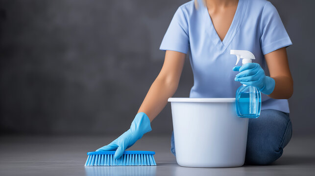 Person in gloves holding spray bottle and scrubbing floor, cleaning home or commercial space for hygiene