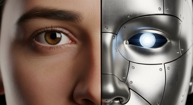 Close-up split face showing a human eye and a robot eye