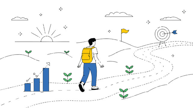 A minimalist line art illustration of a journey or growth path. In the center, a figure wearing blue pants and a yellow backpack walks along a winding dotted path (3)_traced