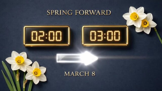 Daylight saving time reminder. Clock change on March 8 from 2 AM to 3 AM. Luxurious Spring Forward 2026 poster in navy blue with daffodils and golden digital clocks