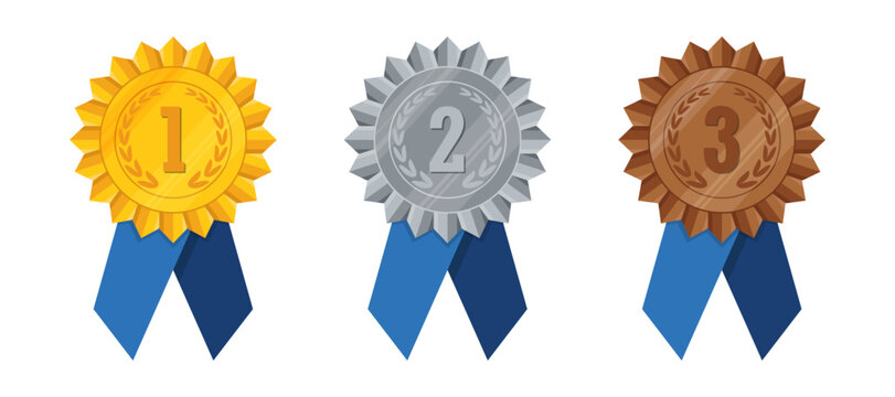 Award medal set. Gold silver and bronze rosette badges with ribbon. Isolated ranking symbols for competition winners