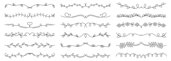 Floral line divider collection. Elegant branch separators with leaf accents. Minimal black decorative elements isolated on white
