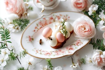 Elegant Easter breakfast scene with pastel eggs, flowers and porcelain tableware ideal for spring celebration branding and lifestyle content