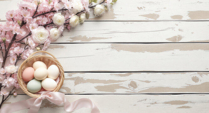 Cestino con uova pastello e fiori di ciliegio su sfondo di legno bianco. Generative AI 