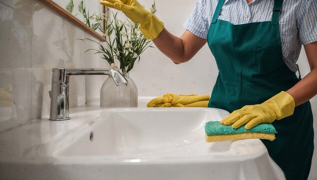 House cleaner scrubbing bathroom sink with sponge and gloves