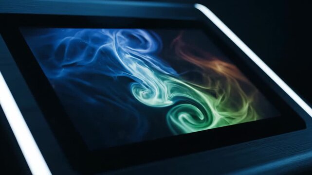 Abstract colorful smoke on futuristic screen, technology display graphic art