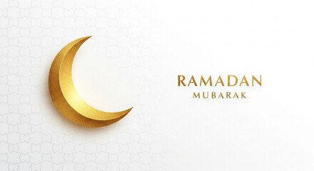 Obraz premium Golden crescent moon ramadan mubarak greeting card with elegant gold text on white background