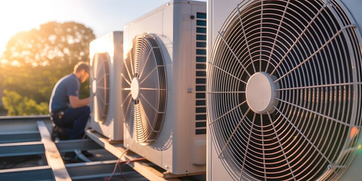 Technician Servicing Industrial HVAC Air Conditioning Units on Rooftop, Maintenance and Climate Control System Concept