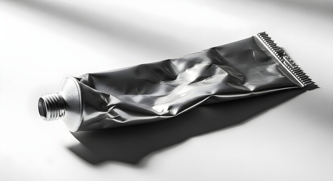 Crushed black toothpaste tube on white background, minimalist close-up