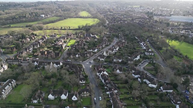 Aerial view of Londons Hampstead Garden Suburb, showcasing residents homes and leafy spaces for idyllic suburban living.