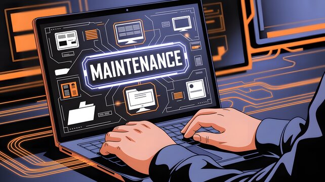 IT System Maintenance Concept with Laptop Displaying Maintenance Interface and Digital Network Background