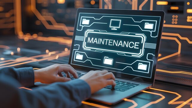 IT System Maintenance Concept with Laptop Displaying Maintenance Interface and Digital Network Background