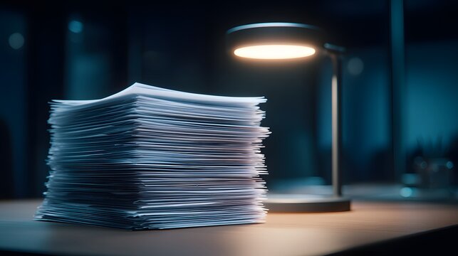 Dramatic close-up of stacked corporate documents on a dark mahogany office desk, illuminated by a sleek futuristic minimalist desk lamp.