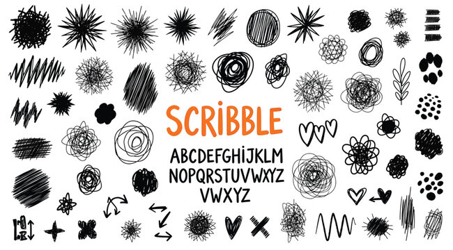 Black scribble alphabet and various doodle shapes isolated on white background with orange text