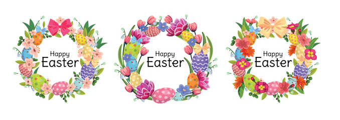 Set of floral Easter wreaths with decorated eggs, spring flowers and bows isolated on light background. Festive holiday frames for greeting cards and seasonal designs.