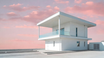 House modern white with glass balcony and pastel pink sky featuring architecture, building, residential with contemporary and minimalistic elements
