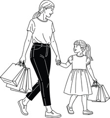 Happy Mother and Daughter Shopping Together Holding Hands and Carrying Paper Bags, Family Retail Therapy Vector Line Art Illustration Template