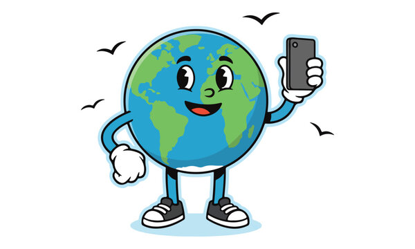 Cartoon Earth Character Holding Smartphone Taking Selfie