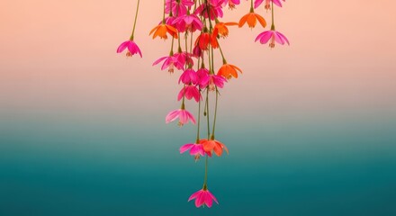 A bunch of pink and orange flowers hanging from a string