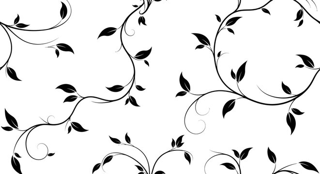 Black leafy vines on white background.