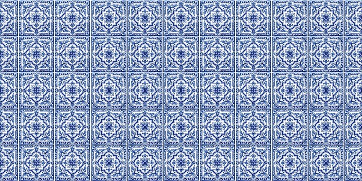 Vintage Portuguese Tile Seamless Pattern Blue White Azulejo Mediterranean Background Rosette Wallpaper Floral Motif generative AI