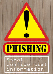 Phishing alert illustrative poster, wood background and vertical. Info and text.