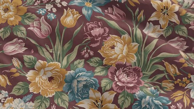 Vintage floral pattern with roses tulips and lilies in rich muted colors on a dark background evoking a classic romantic and elegant aesthetic for textiles and decor.