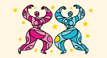 Two dynamic figures dance under starry night sky with energetic poses.