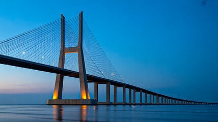 Fototapeta premium Modern cable stayed bridge over calm water at blue hour twilight
