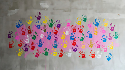 Handprints colorful set on concrete wall with vibrant paint marks featuring art, creativity, children with playful and diverse elements for hand,
