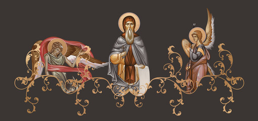 Naklejka premium Saint Joanikije of Devic. Decorative vintage border with angels, illustration in Byzantine style